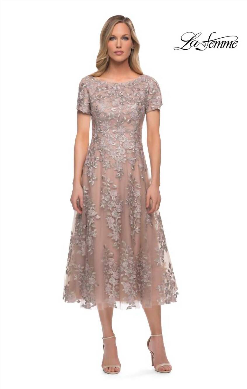 NEW LA FEMME tea length tulle dress in champagne